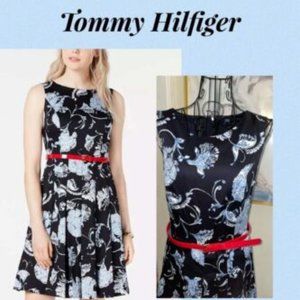 TOMMY HILFIGER BLUE/WHITE DRESS~PLEATED SKIRT~RED BELT~SIZE 10